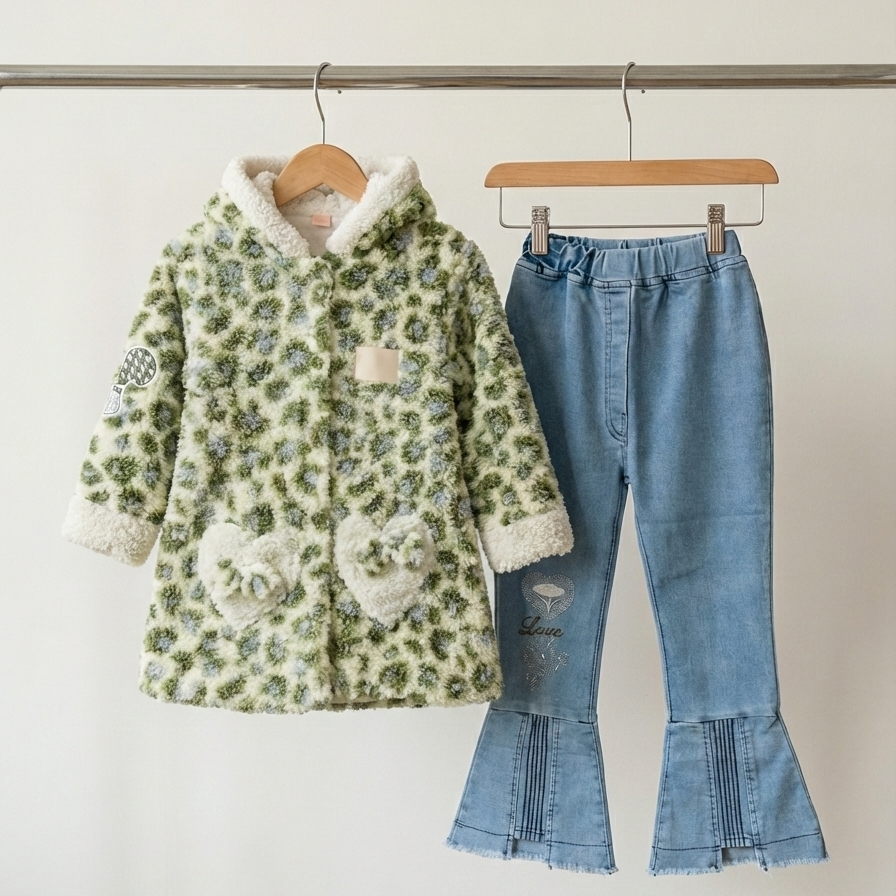 Leopard Hooded Coat + Flare Denim Set