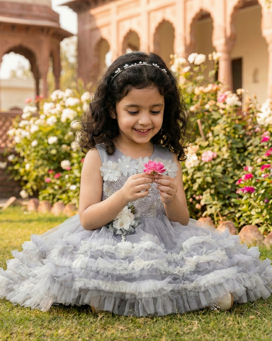Grey Floral Tulle Dress Frock