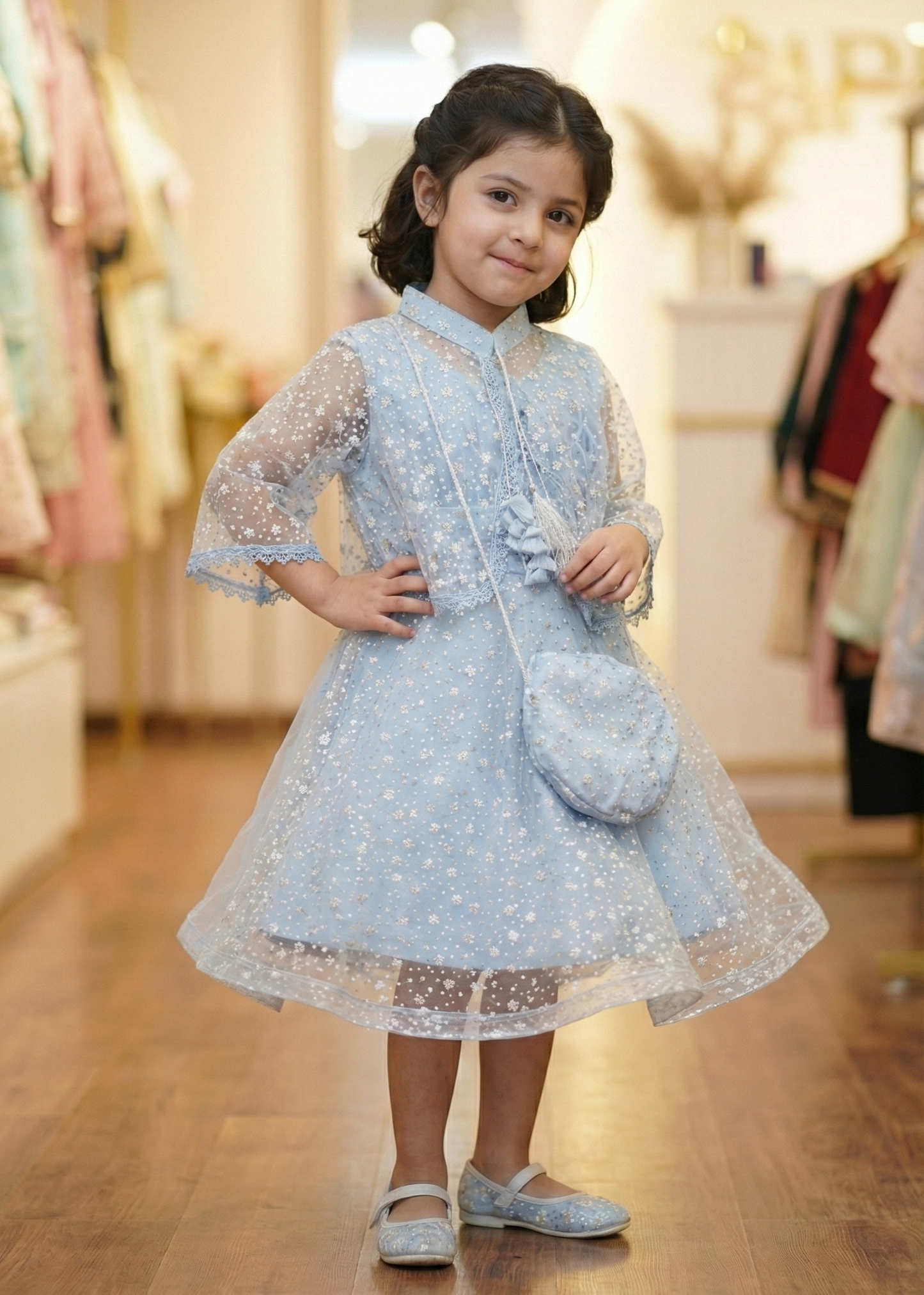 Celestial Sky Blue Floral Net Frock
