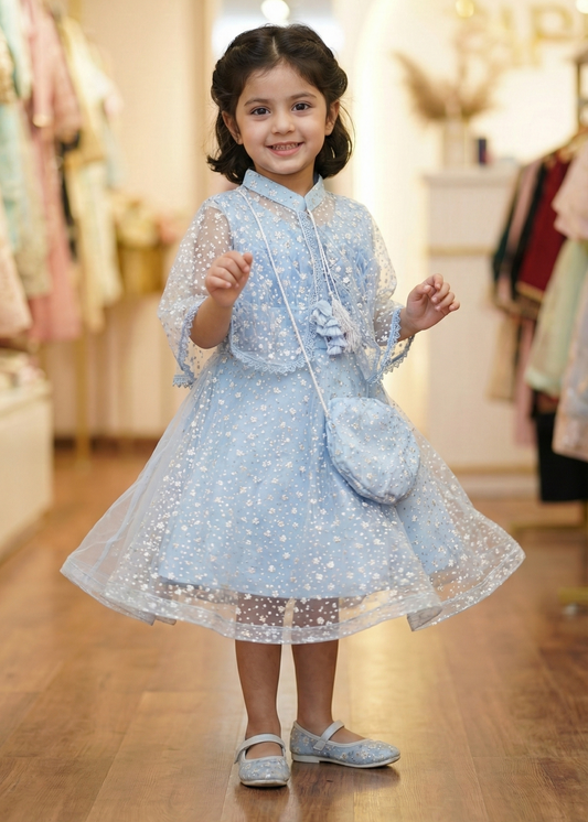 Celestial Sky Blue Floral Net Frock