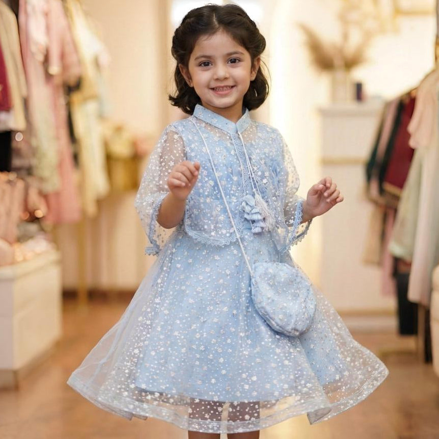 Celestial Sky Blue Floral Net Frock