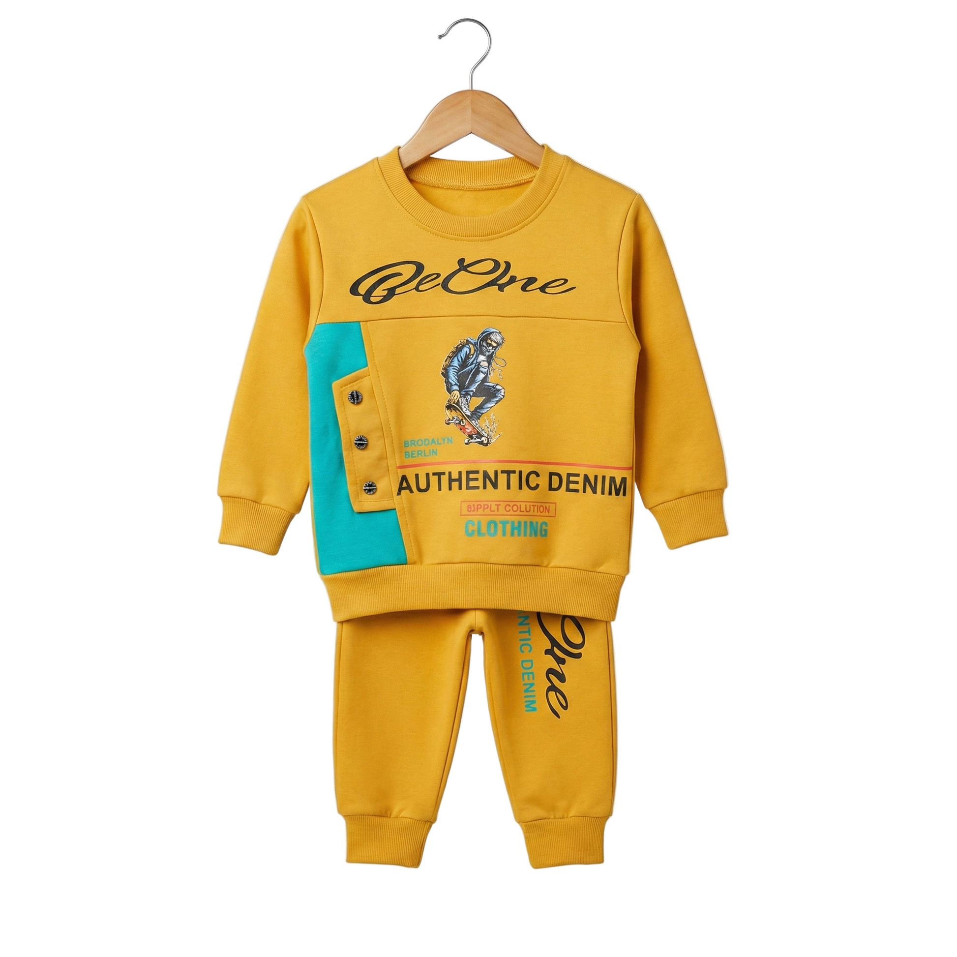 Yellow children's sweatshirt and pants set with branding on a white background
