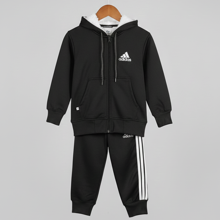 Black Adidas tracksuit on a hanger against a gray background