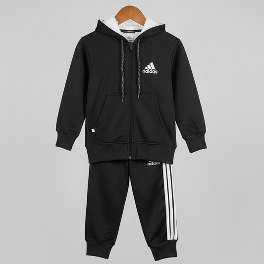 Black Adidas tracksuit on a hanger against a gray background