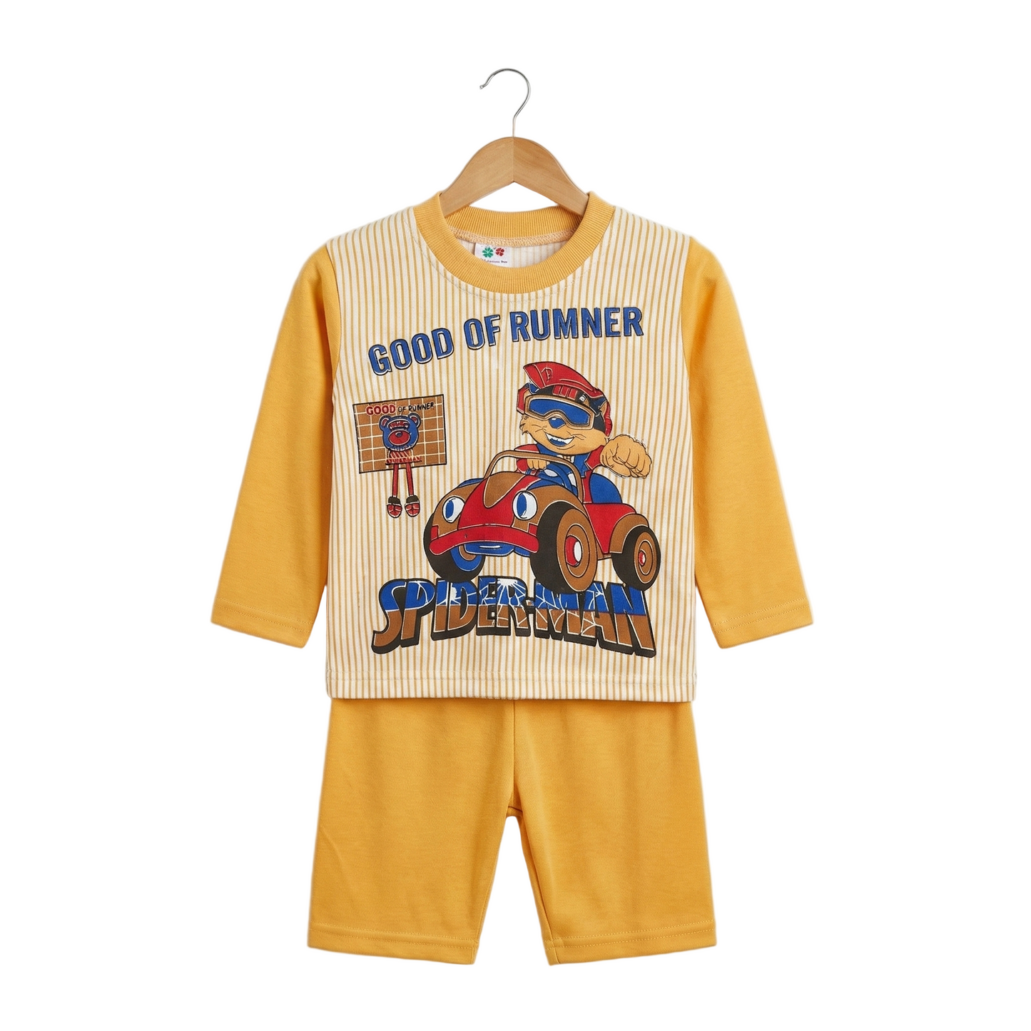 Children's pajama set with Spider-Man design on a hanger against a white background