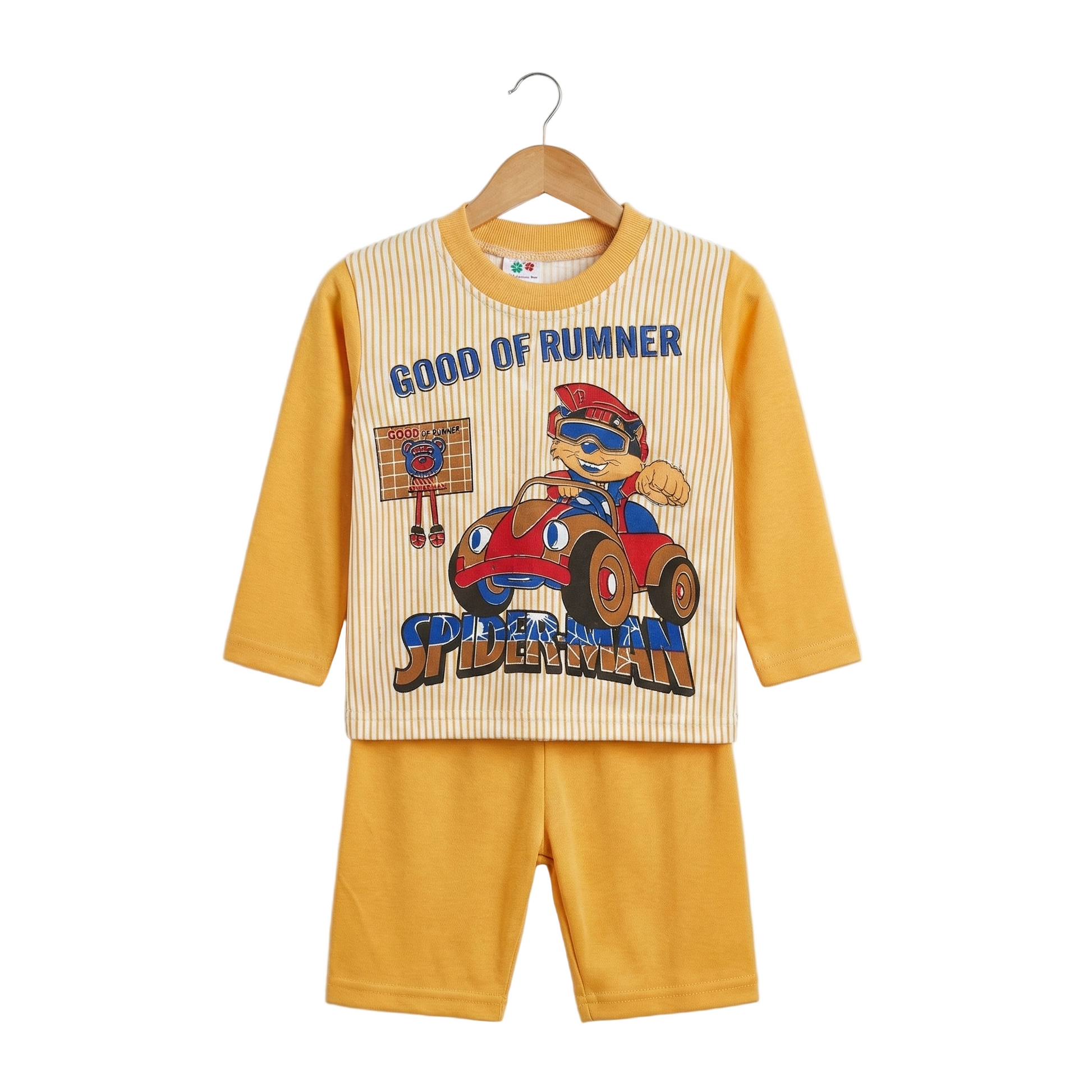 Children's pajama set with Spider-Man design on a hanger against a white background