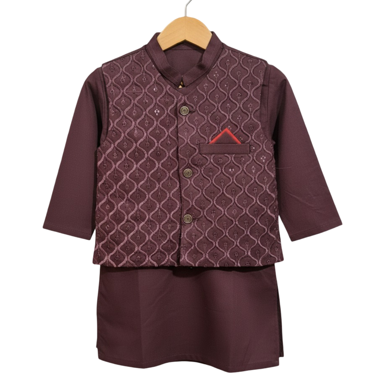 Maroon traditional outfit with a patterned jacket and matching pants on a hanger against a white background.