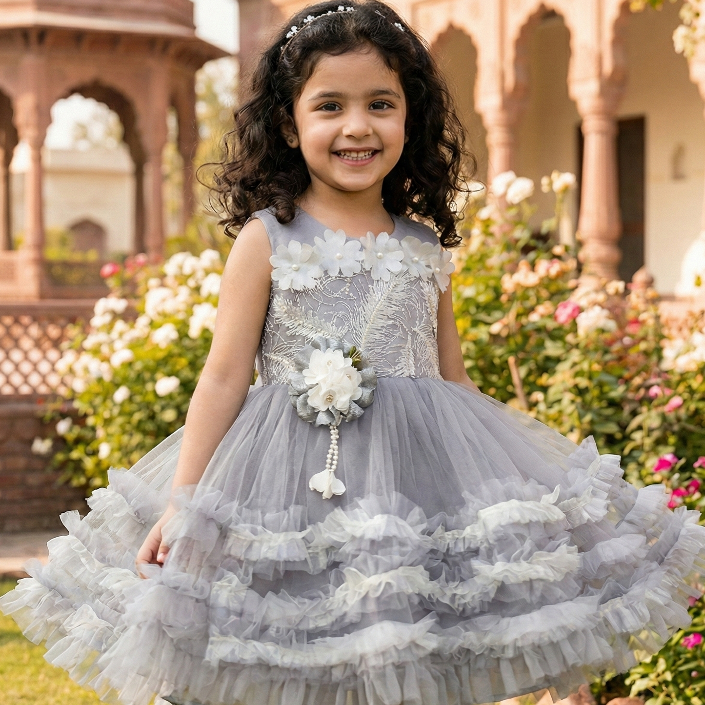 Grey Floral Tulle Dress Frock