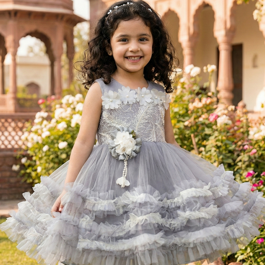 Grey Floral Tulle Dress Frock