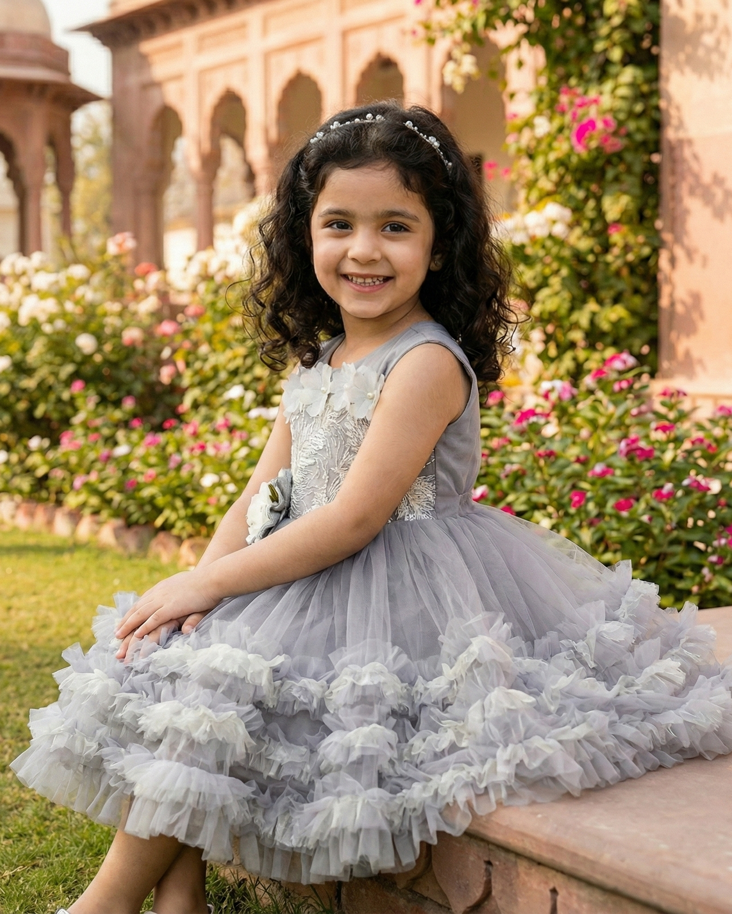 Grey Floral Tulle Dress Frock