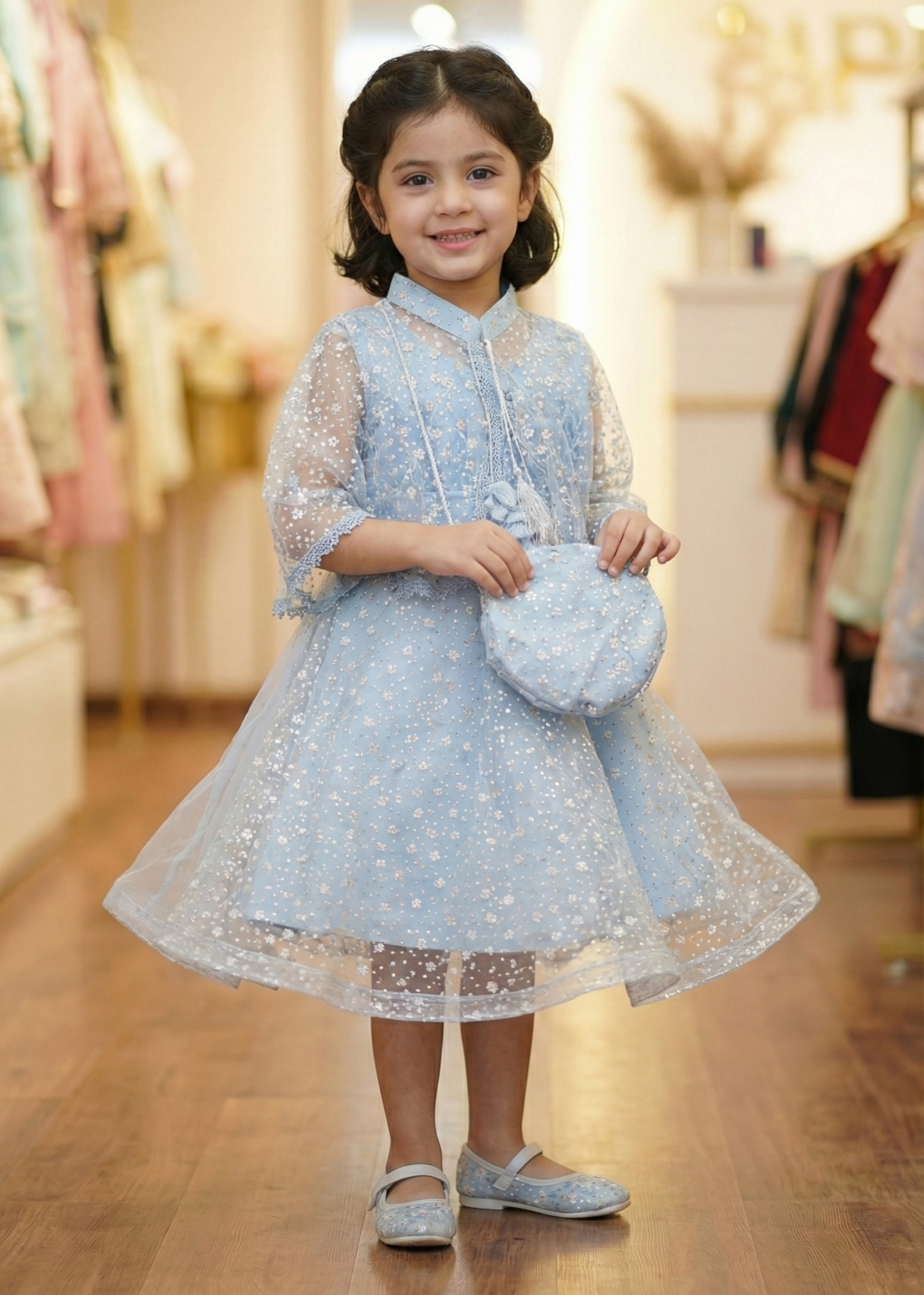 Celestial Sky Blue Floral Net Frock