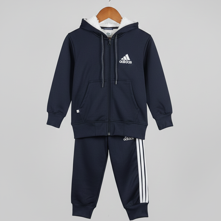 Navy blue Adidas tracksuit on a hanger against a gray background