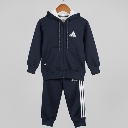 Navy blue Adidas tracksuit on a hanger against a gray background
