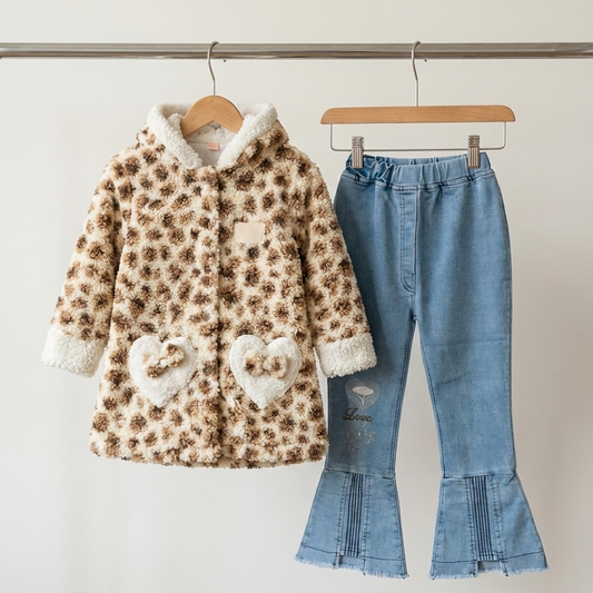 Leopard Hooded Coat + Flare Denim Set