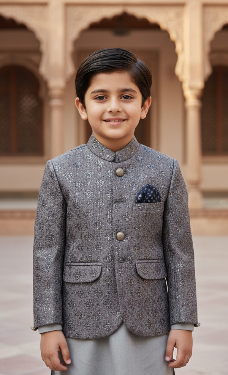 Royal Grey Self-Textured Prince Coat